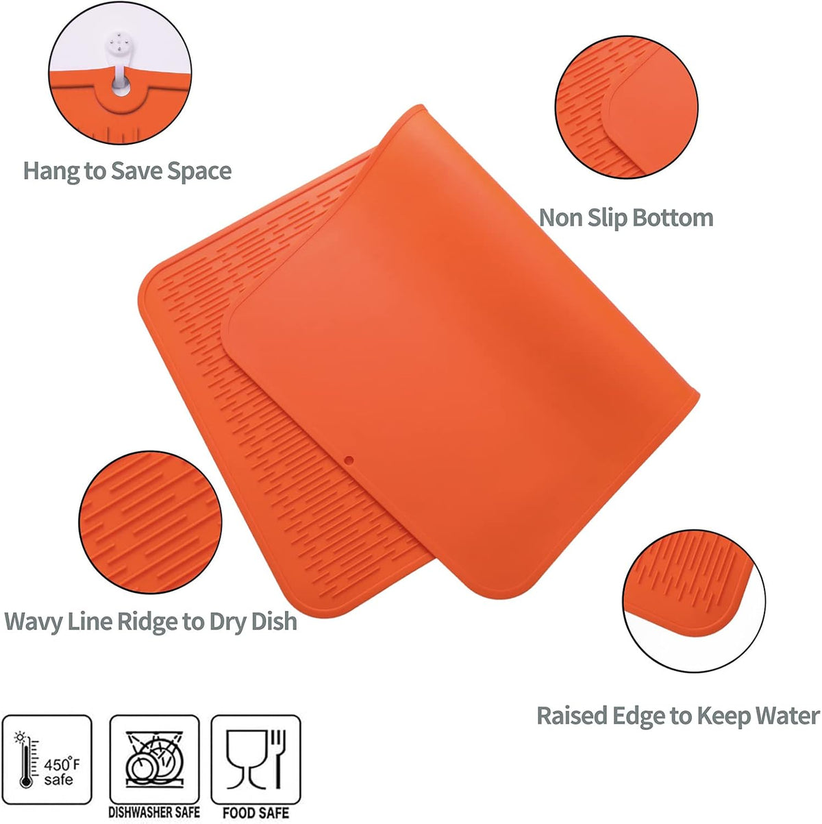 Silicone Dish Drying Mat for Multiple Usage,Easy clean,Eco-friendly,Heat-resistant Silicone Mat for Kitchen Counter or Sink,Refrigerator or Drawer Liner Orange 4XL 32 inches x 18 inches