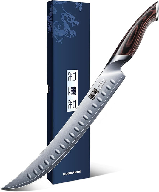 Carving Slicing Knife, 10 Inch Japanese High Carbon Steel Brisket Knife with Ergonomic Pakkawood Handle, Razor Sharp Curved