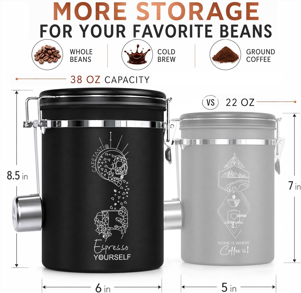 Large Coffee Canister – Airtight Stainless Steel Storage Container with Date Tracker &amp; Scoop, Sealed Jar for Grounds, Beans, Tea, Flour, Cereal, and Sugar (Black Esspresso, 38OZ)