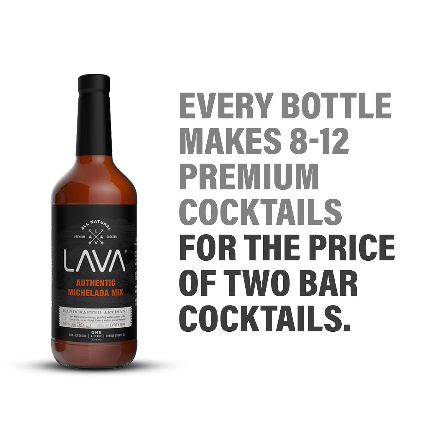 LAVA Premium Authentic Michelada Mix Craft Cocktail Mixer, Made with Real Tomatoes, Ancho Chile Peppers, Tamarind, No Junk Ingredients, Vegan, 1-Liter (33.8oz) Glass Bottle, Ready to Use