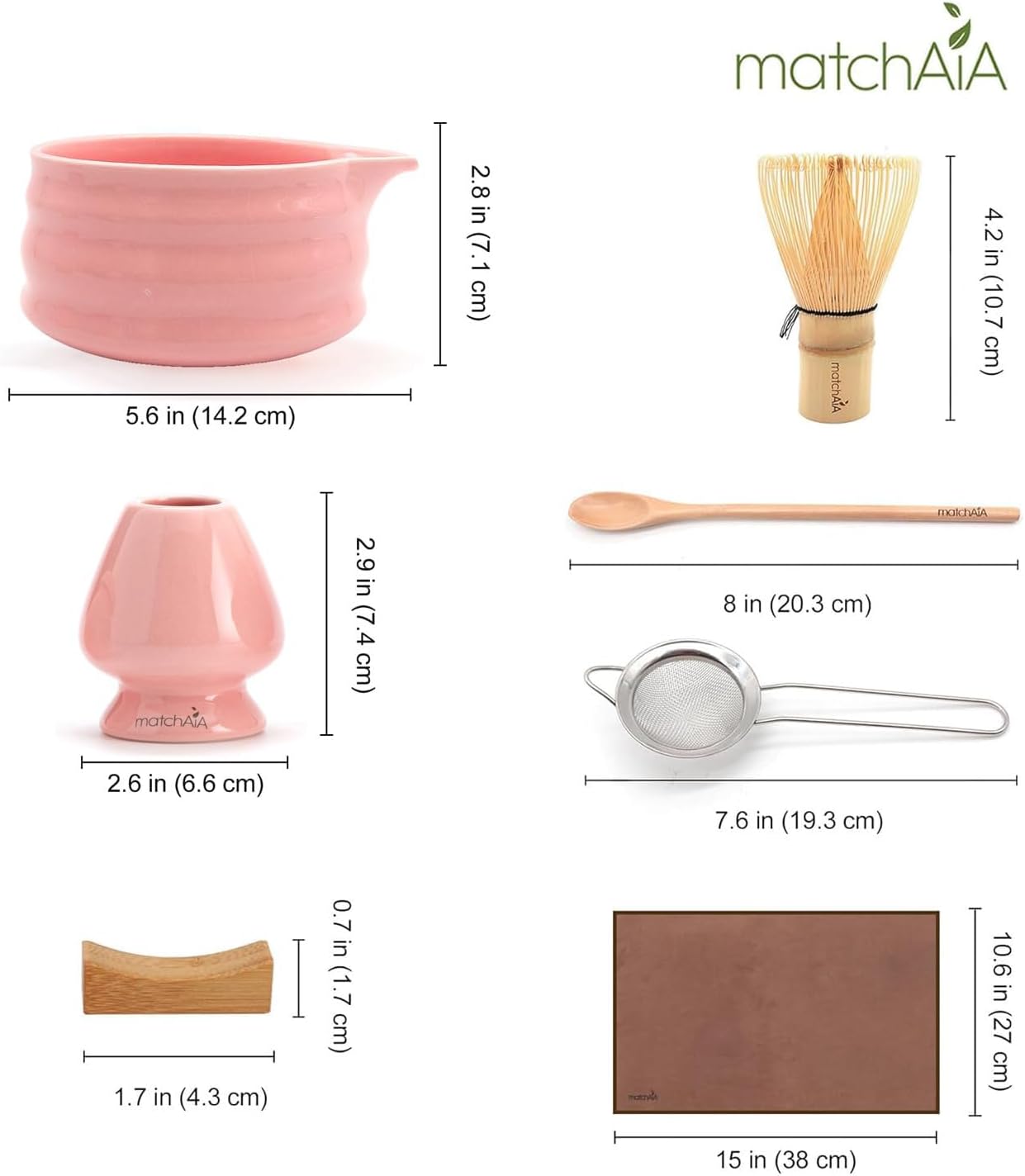 MatchAiA Matcha Whisk Set - Ceramic Bowl, Bamboo Whisk with Holder, Sifter, Schima Spoon, Spoon Rest and Tea Towel - 7 Pcs Complete Kit for Traditional Matcha and Modern Lattes (Pink)