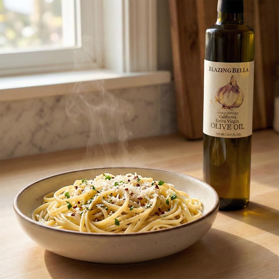 Blazing Bella Garlic Infused Extra Virgin Olive Oil - Rich Fresh Garlic Flavor, Cold Pressed California Olive Oil, Perfect for Pasta, Vegetables, Bread, and Everyday Cooking - 16.9 fl oz (500ml)