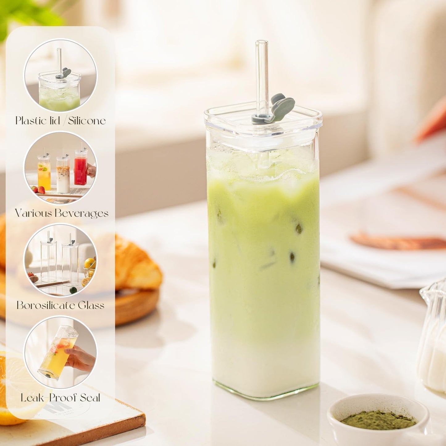 KEMORELA 6 Sets Glass Cups with Lids & Straws, Square Ribbed Drinking Glasses with Lids, Clear Highball Tumblers for Cocktail, Coffee, Juice, Beer, Modern Mixed Drinkware Jars