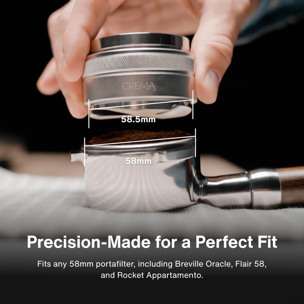 CREMA Coffee Products 58.5mm Hand Tamper &amp; Distributor | Compatible with any 58mm | Double-Sided, Adjustable Depth Tool | Made with Durable 304 Stainless Steel | Silver