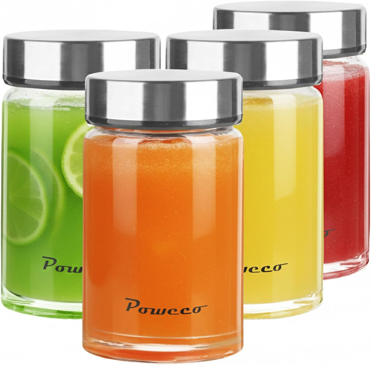Glass Juice Bottles 4 Pack 10 oz - Wide Mouth Glass Water Bottles with Lids - for Juicing, Protein, Smoothie, Milk, Reusable, BPA Free, Stainless Steel Lids, Blender, Shaker Bottle (300ml)