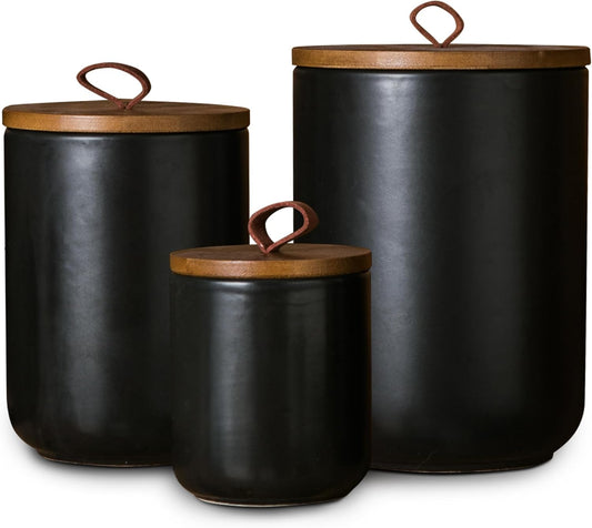 JOJUNO Black Ceramic Canister Set with Wooden Lid, 3-Piece Airtight Food Storage Jars for Kitchen Counter - Flour, Sugar,