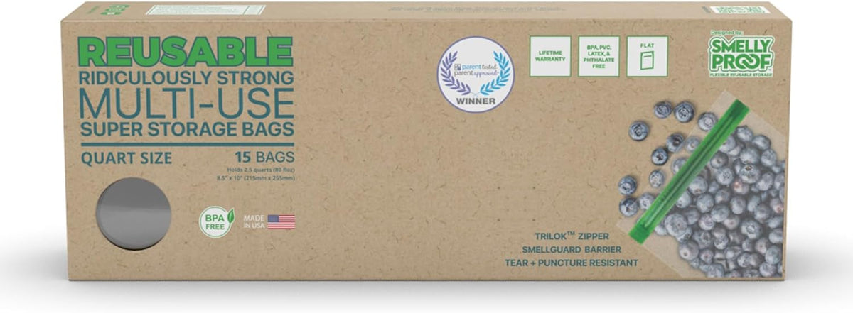 Reusable Food Storage Bags Designed & MFG by Smelly Proof, USA MADE, Dishwasher-Safe, Easy-To-Clean, PEVA & BPA FREE, Clear FLAT Large 3-mil Thick, 8.5" x 10", Quart Size Bags, 15-Bags
