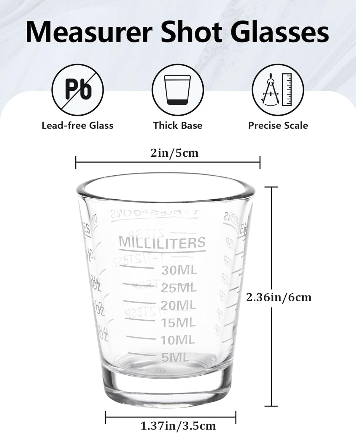 Shot Glasses Measuring Cup Set 6 Pack Espresso Shot Glasses Liquid Heavy Glass 26-Incremental Measurement 1 OZ, 2 TBS, 6 TSP, 30 ML Kitchen Tools(White)