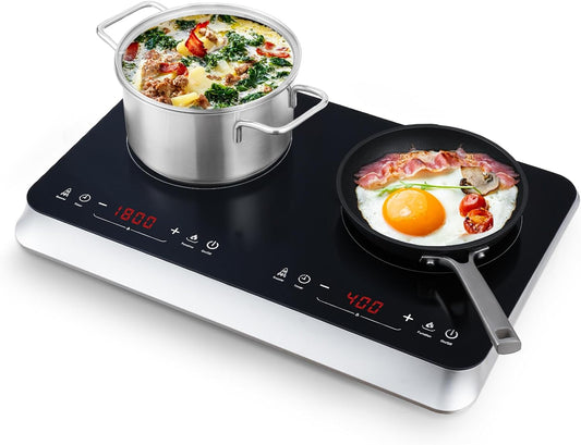 Double Induction Cooktop Burner with Fast Warm-Up Mode, 1800w 2 Burner with 10 Temperature 9 Power Settings, Portable Dual Induction Cooker Cooktop with Child Safety Lock & Time