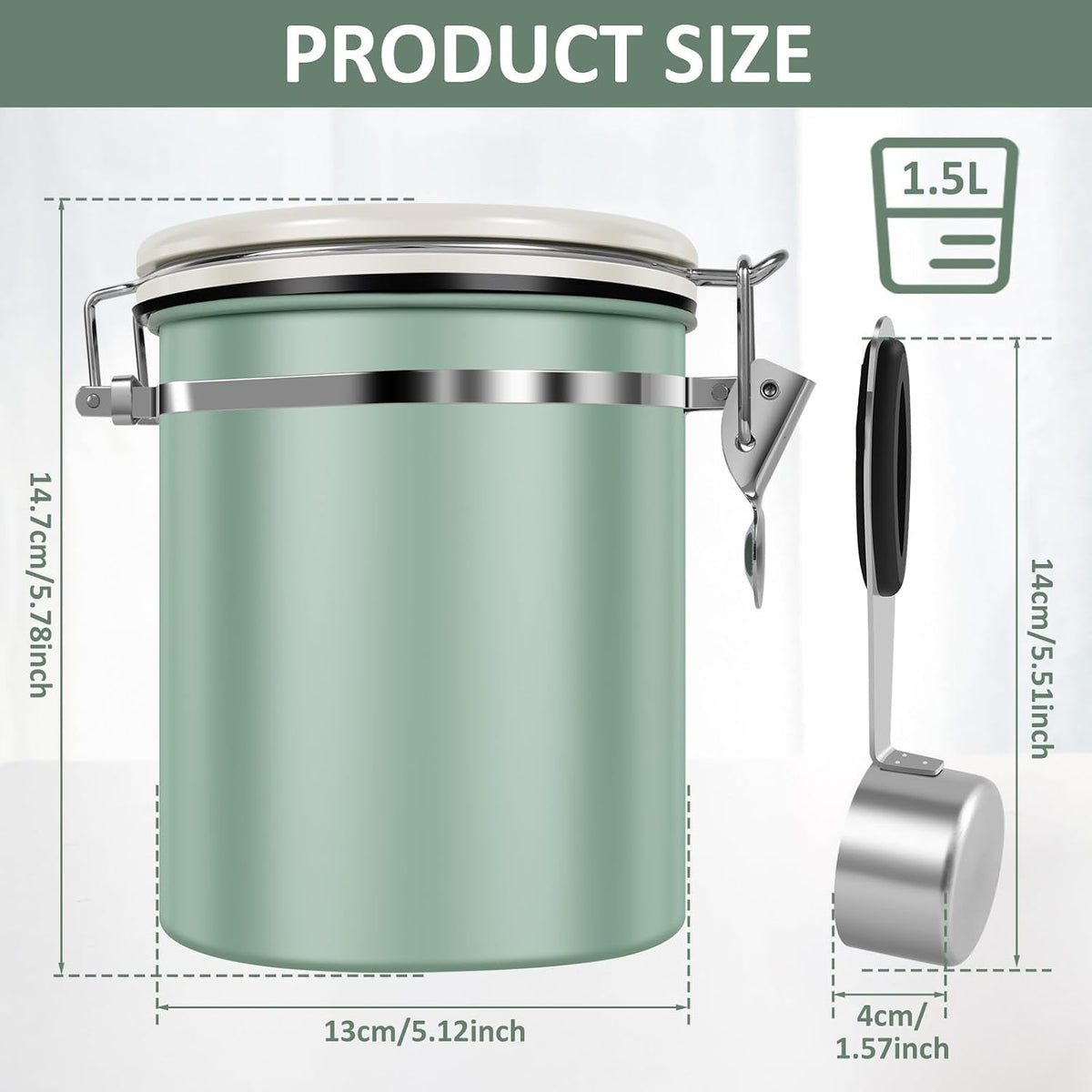 2PCS Coffee Storage Canister 1.5L 51OZ Double Airtight Coffee Beans Container with Date Locator 304 Stainless Steel Kitchen Food Storage Container with Spoon For Coffee Beans Grounds Tea Sugar