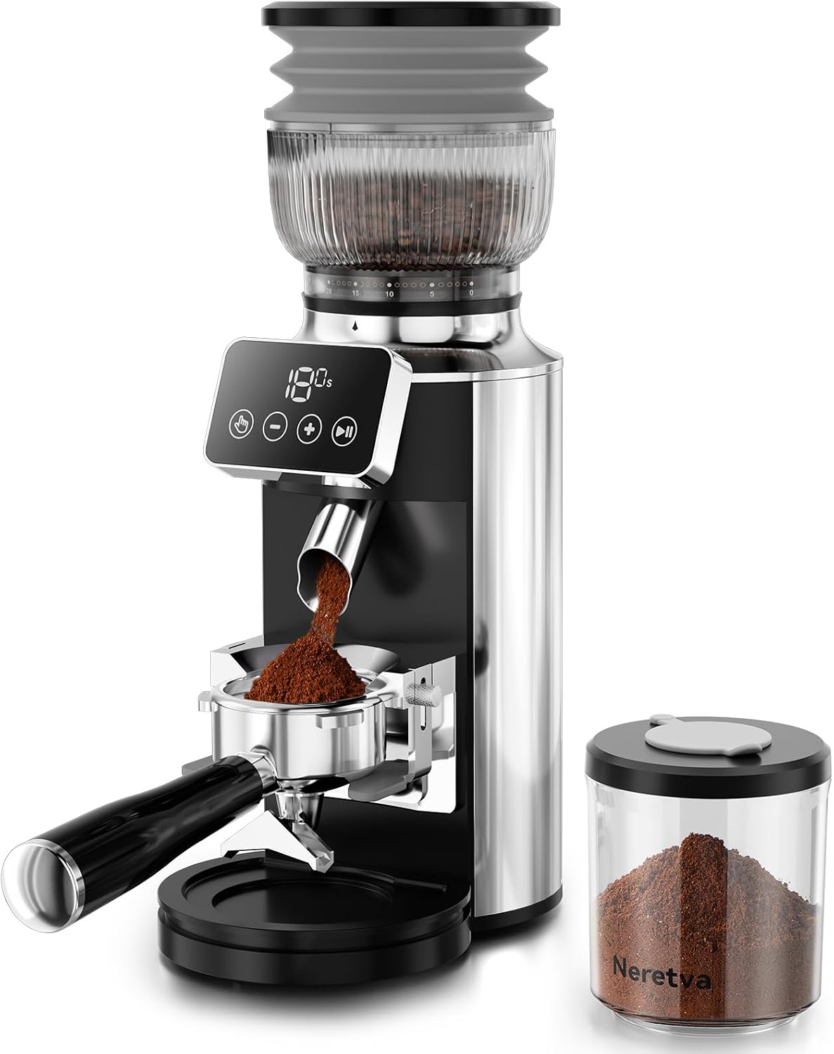 Neretva Stainless Steel Espresso Grinder with Portafilter Holder, Silver | 2 IN 1 Use Espresso Burr Grinder with 30 Grind Settings Anti-Static Coffee Grinder for Espresso/French Press/Drip/Siphon