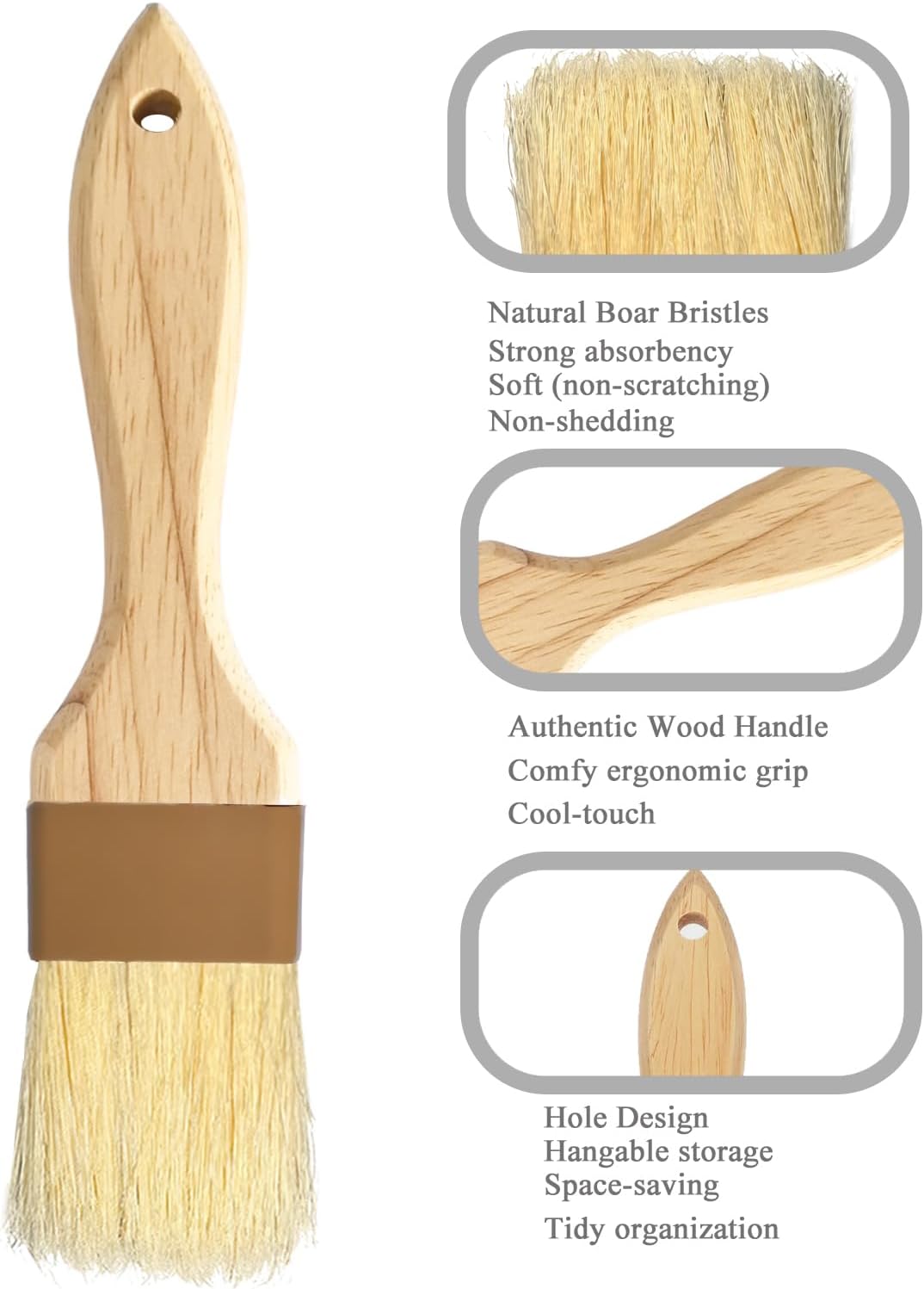 Natural Bristle Basting & Pastry Brush Set - 1.5"& 1" Food Grade Cooking Brushes