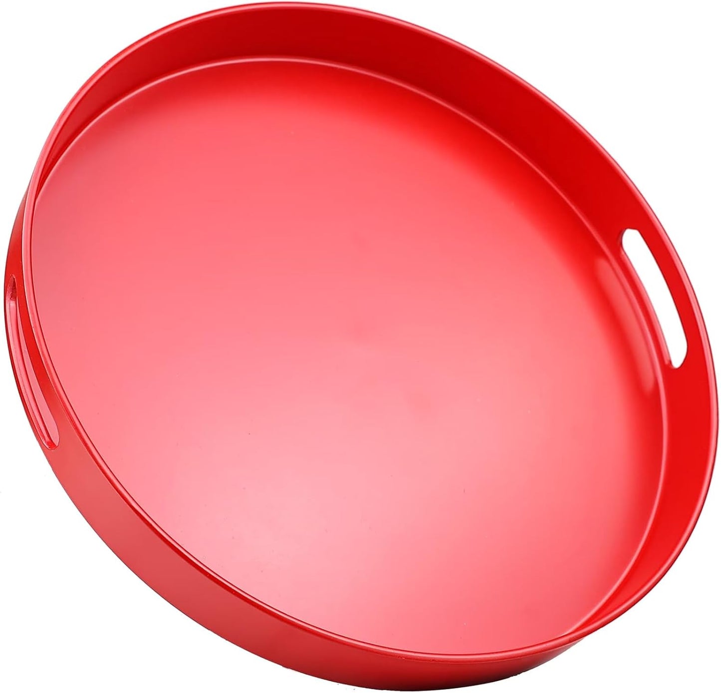 Round Red Decorative Serving Tray with Handles, 13” Versatile Ottoman Tray for Coffee Table, Enterta