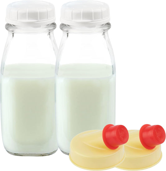 kitchentoolz 12 Oz Square Glass Milk Jugs with Caps - Perfect Milk Container for Refrigerator - 12 Ounce Glass Milk Bottle
