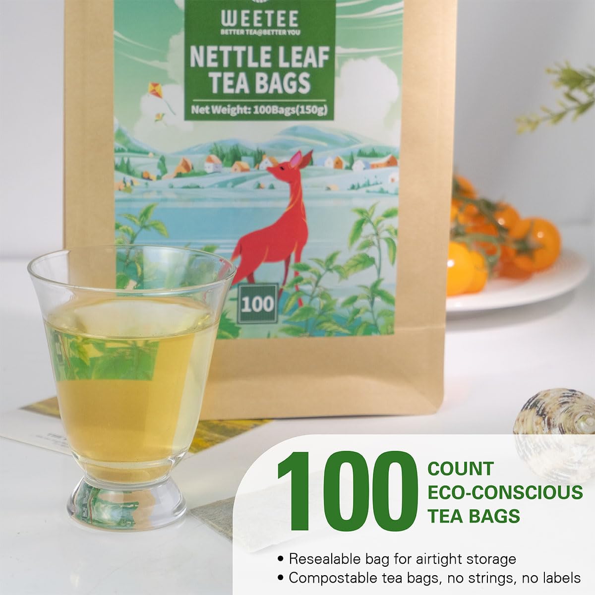 WT WEETEE Nettle Leaf Tea Bags 100 Count, Caffeine-free for Season Changes | Earthy Herb Aroma, Made with 100% Pure Stinging Nettle Leaf, Natural Caffeine-free Herbal Tea, Gentle Daily Brew