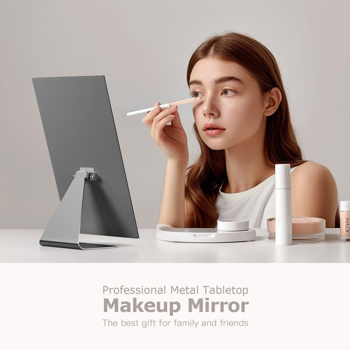 NEZZOE Rectangular Free-Standing Frameless Makeup Mirror, 12" x 7" | 1X Vanity Mirror with Adjustable Tilt, Metal Base, for Desk, Bathroom Countertop or Windowsill