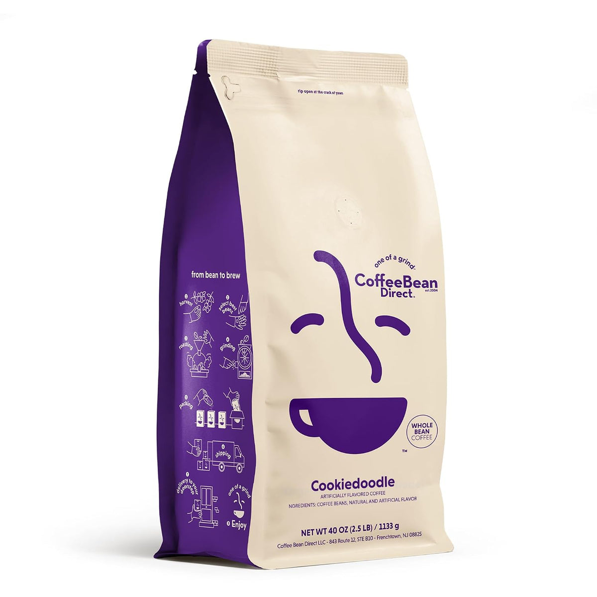 Coffee Bean Direct Cookiedoodle Flavored, Whole Bean, 2.5lb Bag | Light Roast, Chocolate Hazlenut Cinnamon Flavored Coffee Beans