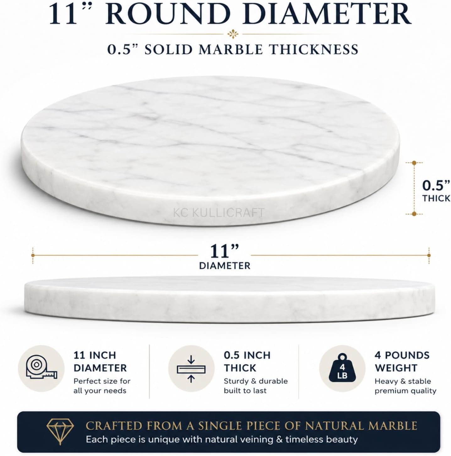 11-Inch Round Marble Cheese Cutting Board, White | Solid Natural Stone, Cutting Board &amp; Charcuterie Serving Tray, Non-Slip Feet, 0.5" Thick, Easy to Clean