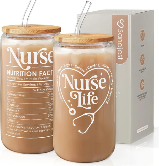 SANDJEST Nurse Life Glass Can Cup with Lid & Straw, Iced Coffee Aesthetic Cups, Idea Gift for Christmas Birthday Mother Day