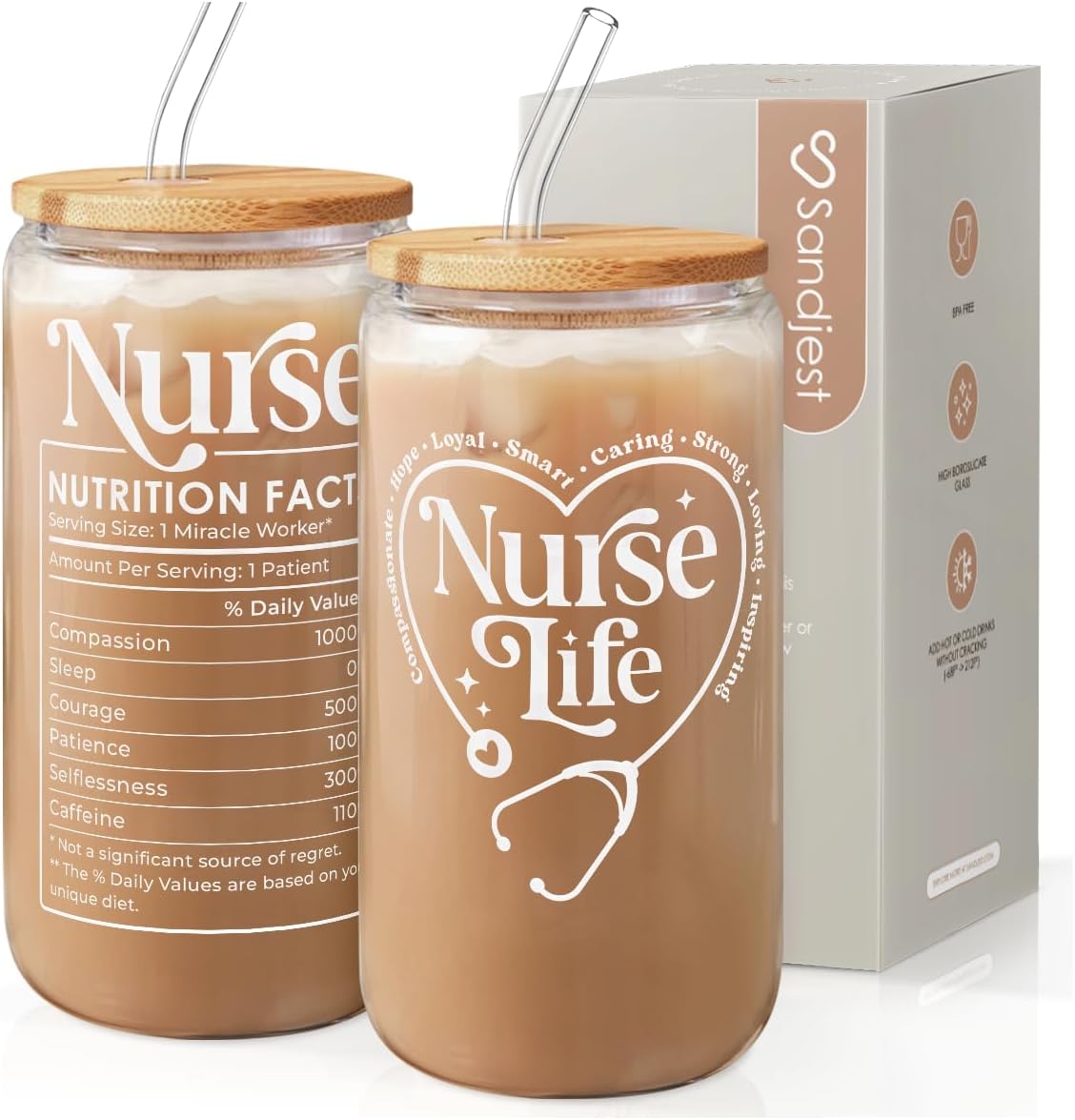 SANDJEST Nurse Life Glass Can Cup with Lid &amp; Straw, Iced Coffee Aesthetic Cups, Idea Gift for Christmas Birthday Mother Day Nurse Week, Gifts for Women Friends, 16oz