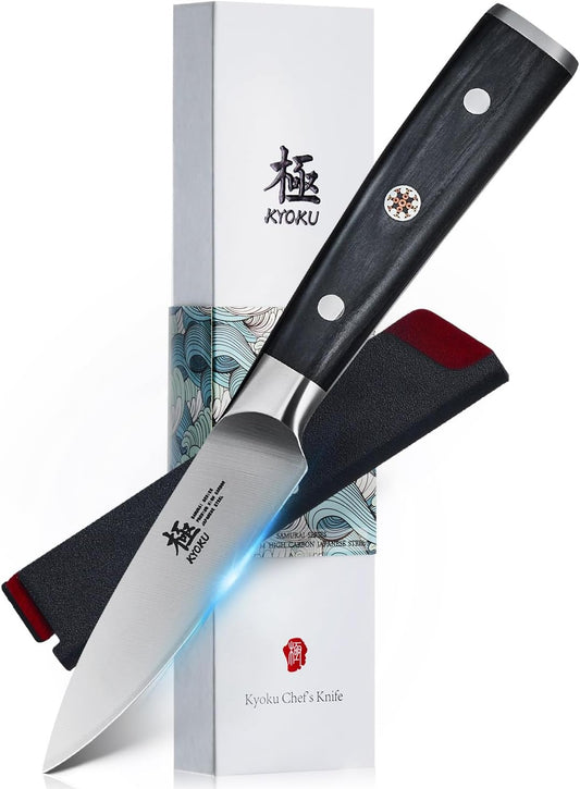 KYOKU 3.5" Paring Knife, Samurai Series Peeling Knife with Pakkawood Handle, Japanese High Carbon Steel Sharp Knife, Full