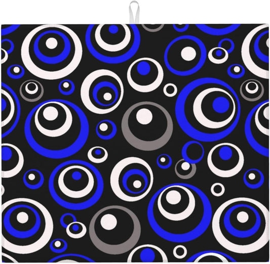 Blue Black White Geometric Circle Dish Drying Mat for Kitchen Counter, 16" x 18" Absorbent Microfiber Drying Pad for Dishes,