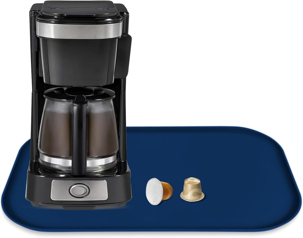 Silicone Coffee Maker Mat with Lip, 17.4'' x 10.6'' Heavy Duty Coffee Maker Mat for Countertops, Coffee Tray Fit Under Coffee Machine Appliance Automatic Machines Espresso Accessory, Navy Blue