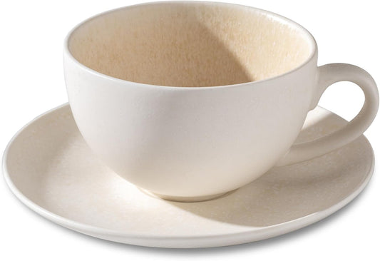 Ceramic Latte Art Mug With Saucer - 10 oz, Round Bottom For Perfect Pours - Cafe Cups for Cappuccino, Espresso, Coffee, Tea