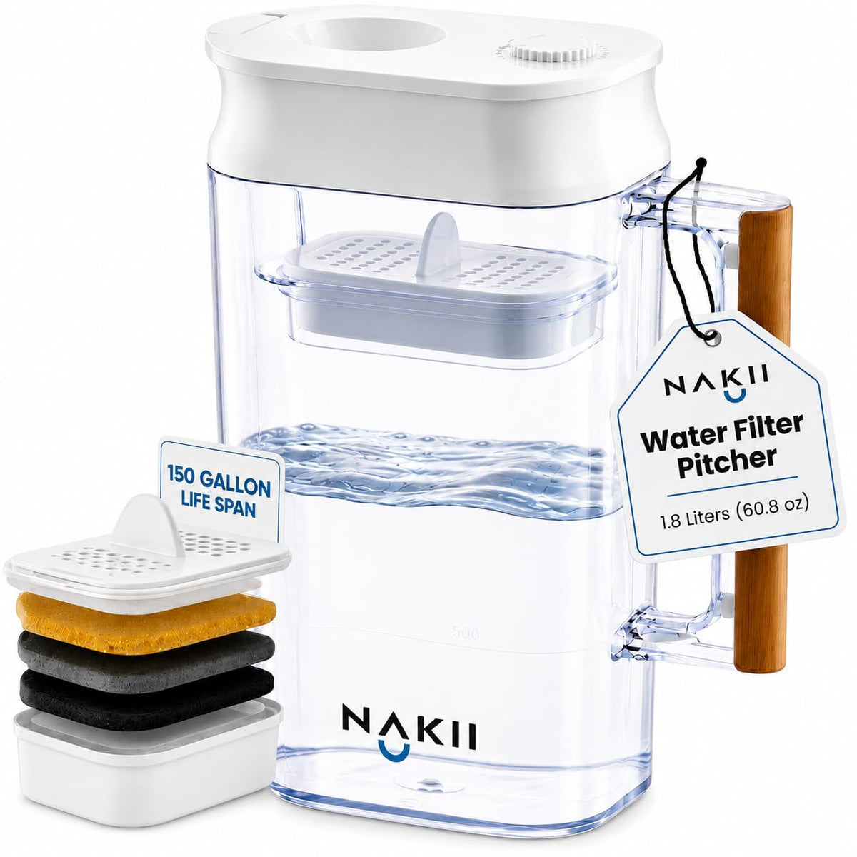 Nakii Water Filter Pitcher 1.8L - Long Lasting 150 Gallons Filtered Water Pitchers With Fast Filtration &amp; Purification Technology - Removes Chlorine, Metals For Clean Tasting Water - WQA Certified