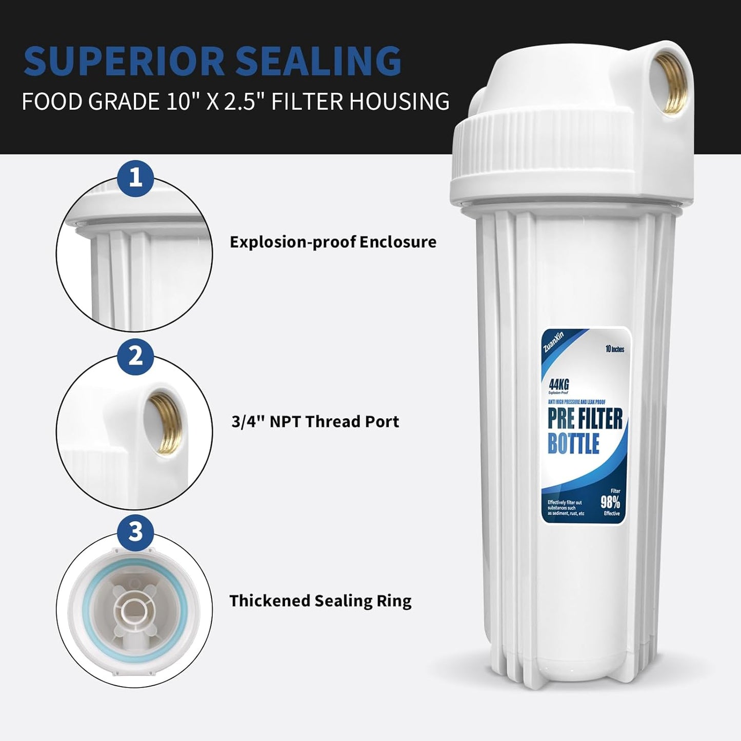 Whole House Water Filter Housing, Fit 10"x2.5" Sediment etc Filters for Well and City Water, Pre-Filtration System for Home, 3/4" Brass Port, Heavy Duty Steel Bracket, 4 Screws, Wrench