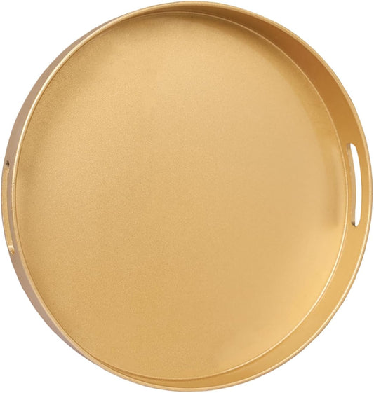 MAONAME 13" Gold Round Decorative Tray for Coffee Table, Modern Serving Tray with Handles, Plastic Ottoman Trays, Bathroom