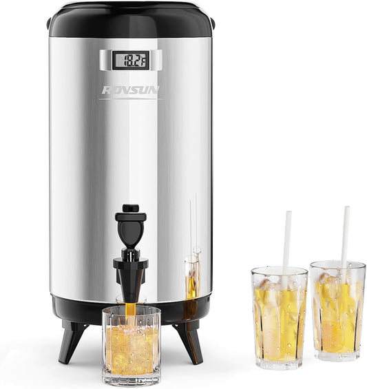ROVSUN 3.2 Gallon Insulated Beverage Dispenser, Stainless Steel Hot and Cold Drink Dispenser, Ice and Hot Drink Server