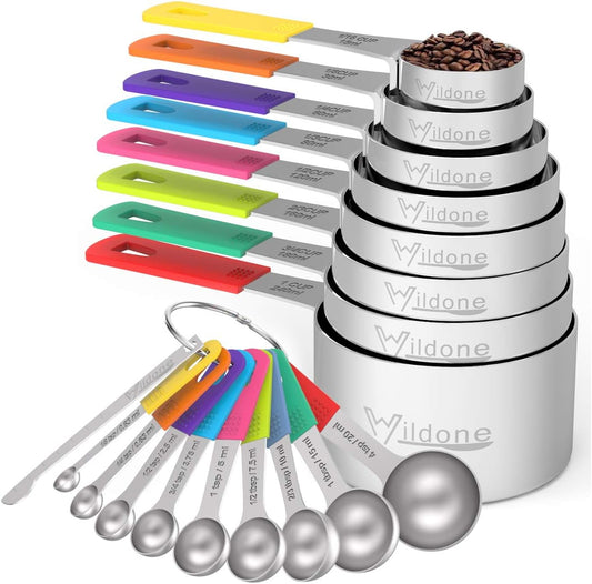 Wildone Measuring Cups & Spoons Set of 18 - Includes 8 Stainless Steel Nesting Measuring Cups, 9 Measuring Spoons, 1