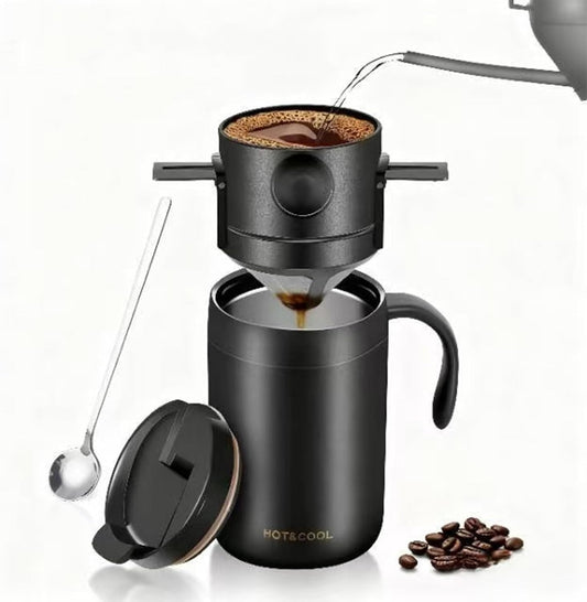16oz Pour Over Coffee Maker, Insulated Travel Mug with Reusable Filter