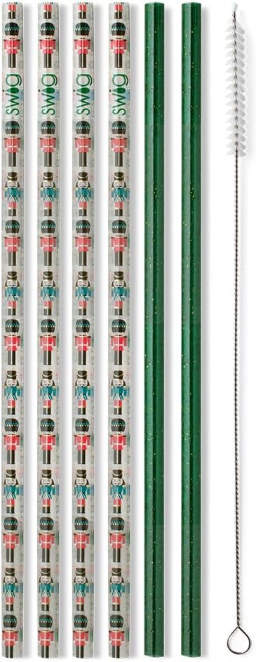 Swig Life Reusable Straws Classic Nutcracker + Green Glitter Tall Straw Set & Cleaning Brush, Each Straw is 10.25 inch Long