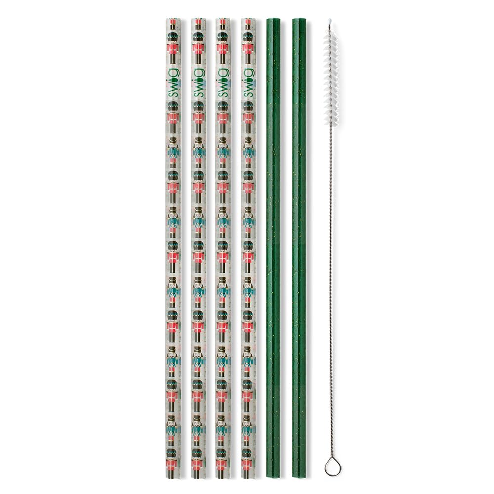 Swig Life Reusable Straws Classic Nutcracker + Green Glitter Tall Straw Set & Cleaning Brush