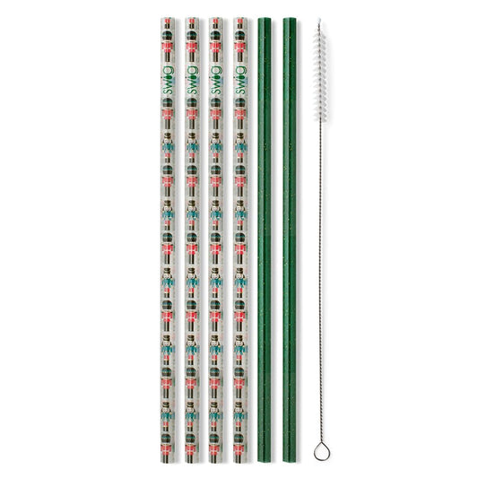 Swig Life Reusable Straws Classic Nutcracker + Green Glitter Tall Straw Set & Cleaning Brush