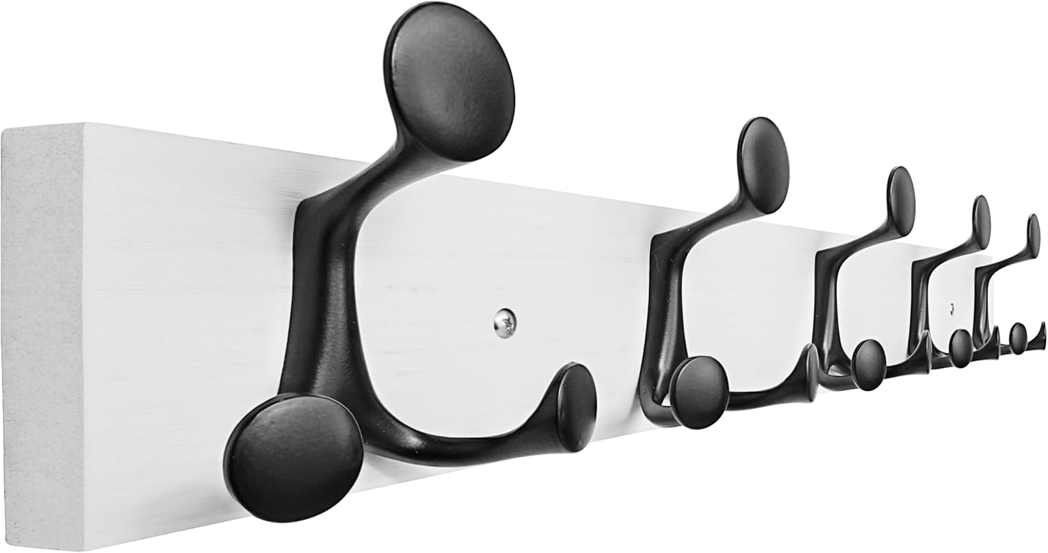 SKOLOO 24-Inch White Wood Coat Rack Wall Mount with 5 Triple Hooks - Ideal for Family Entrances, Cla