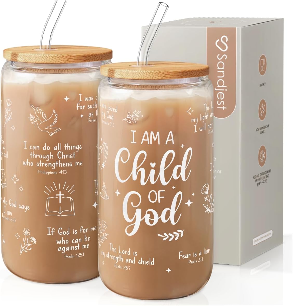 SANDJEST Christian Glass Can, I am Child of God Cup with Lid &amp; Straw, Iced Coffee Aesthetic Cups, Idea Gift for Christmas Birthday, Gifts for Women, 16oz
