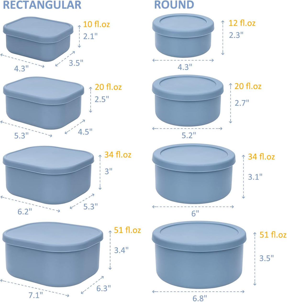 100% Silicone Food Storage Containers with Lids, 8 Pack, 10oz to 51oz, Reusable Leakproof Nesting &amp; Stackable Silicone Bento Lunch Box, Microwave Freezer Dishwasher Oven Safe, BPA Free, Slate Blue