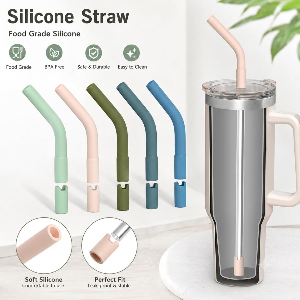 5PCS Silicone Straw Tips for 8-10mm Reusable Straws for 30-40 oz Tumblers | Soft Rubber Straw Covers &amp; Toppers - Flexible Mouthpiece Sleeves for Metal &amp; Glass Straw Silicone Extender Tipings