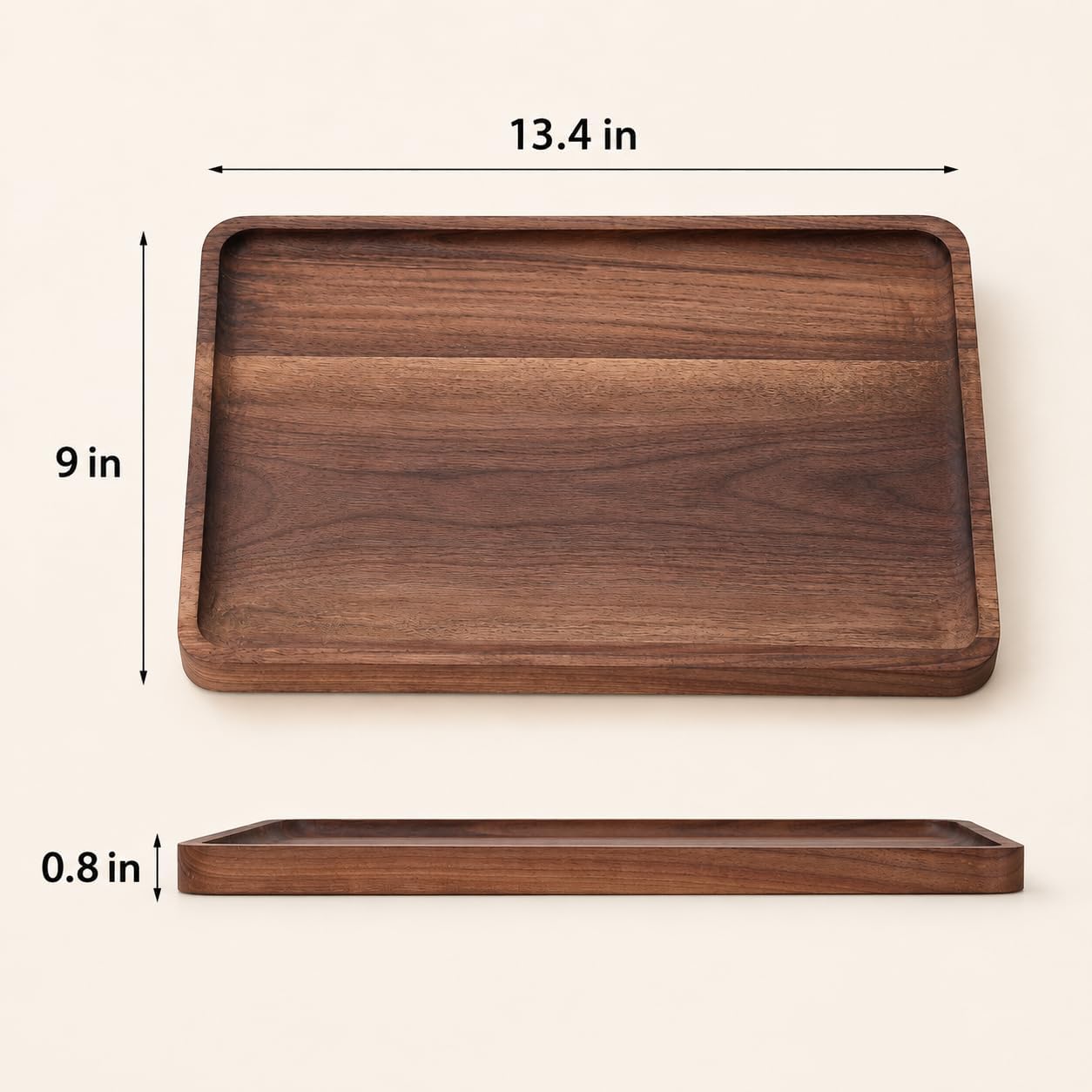 Walnut Wood Serving Tray, 13.4 x 9 Inch Rectangular Platter with Raised Rim