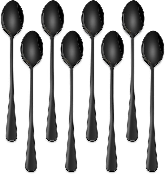 7.5 Inches Black Coffee Stirring Spoons Set,Set Of 8 Stanless Steel Iced Teaspoons,Long Handle Mixing Spoons For Cocktail