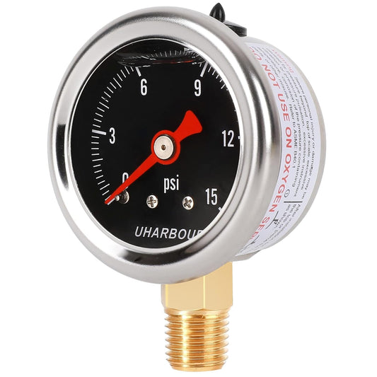 Glycerin Filled Pressure Gauge with 304 Stainless Steel Case, 1-1/2" Black Dial, 0-15Psi, High Accuracy, 1/8" NPT Center