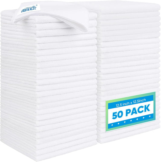 HOMEXCEL White Microfiber Cleaning Cloth 50 Pack, 12.5 x 12.5 inch Microfiber Towels for Cars, Ultra Absorbent Car Washing