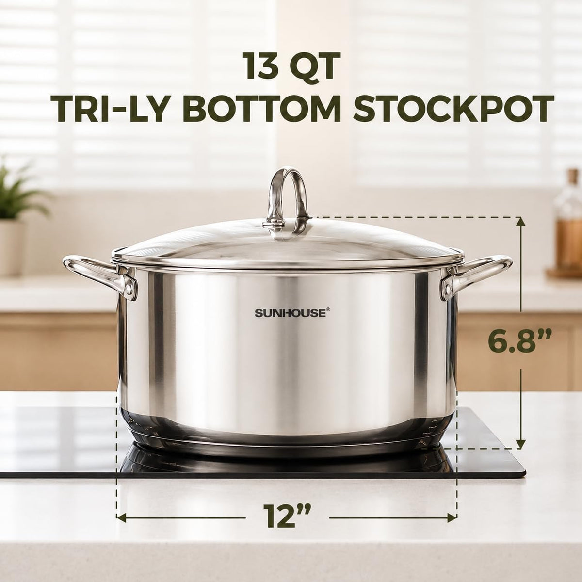 SUNHOUSE 13-Quart Stainless Steel Stockpot w/Tempered Glass Lid - Heavy-Duty, Food-Grade Cookware for Simmering, Boiling, and Induction Cooking - Exceptional Heat Distribution
