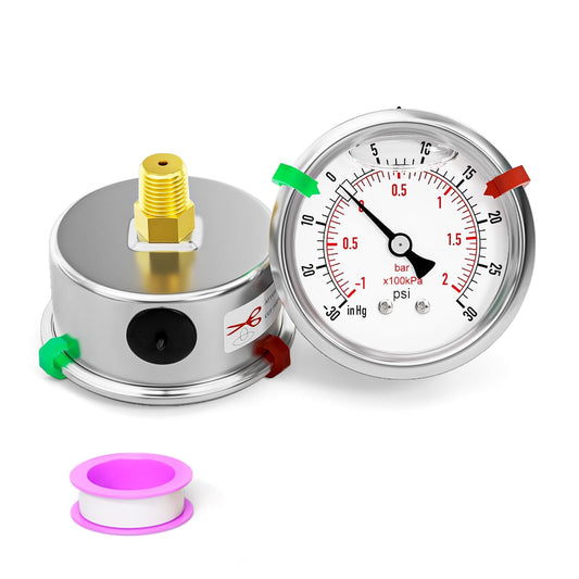 -30inHG-30psi Stainless Steel Glycerin Liquid Filled Vacuum Pressure Gauge 1/4" NPT 2.5" Face Dial Center Back Mount, for
