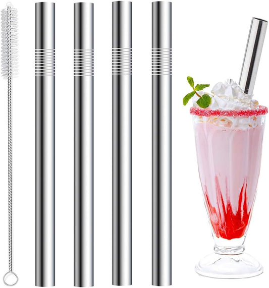 Vinaco Stainless Steel Smoothie & Milkshake Straws 4-Pack | 0.4'' Extra Wide Metal Straws Reusable for Thick Drinks, Shakes,