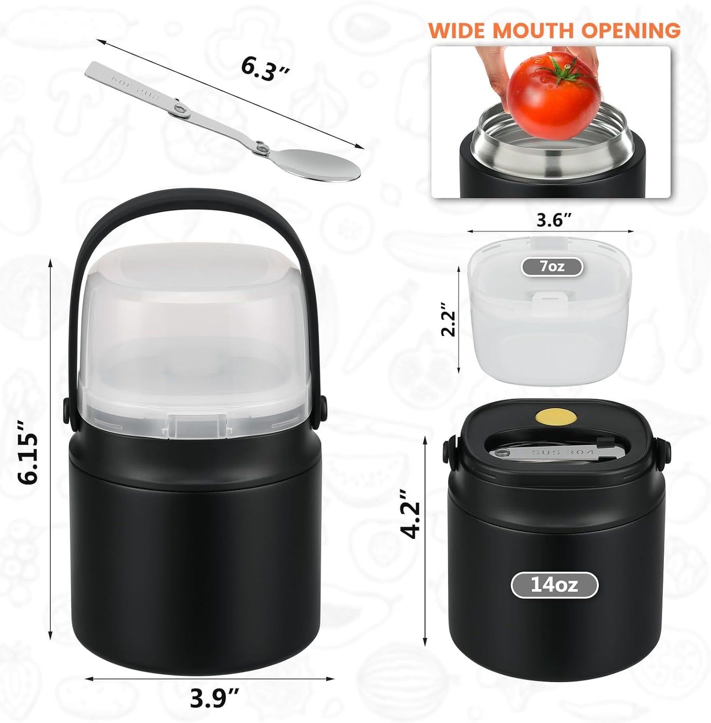14 oz Soup Thermo for Hot Food with 7 oz Snack Container, Leak-Proof Insulated Lunch Container Kids and Adults, Stainless Steel Double Wall Vacuum Wide-mouth Thermal with Spoon and Handle-Black