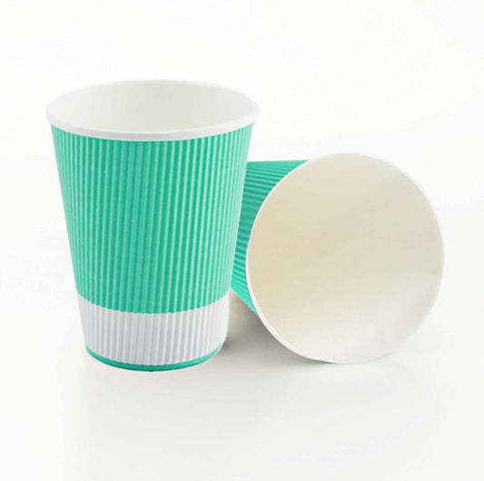 Restaurantware 12 Ounce Ripple Wall Disposable Coffee Cups, 500 Insulated Midnight Light Green Paper Tumblers with Rolled